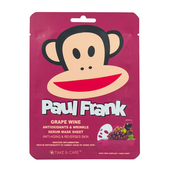 Paul Frank, TAKE & CARE,Paul Frank Green Wine Antioxidants & Wrinkle Serum Mask Sheet,แผ่นมาส์ก,พอล แฟรงก์ มาส์กหน้า,paul frank beauty,เทค แอนด์ แคร์