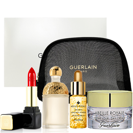 GUERLAIN Guerlain Paris Set 4 pcs with Pouch เซ็ตเกอร์แลงที่ประกอบไปด้วยไอเท็มสุดหรู ทั้ง น้ำหอม , ลิปสติค , ออยล์ , เดย์ครีม